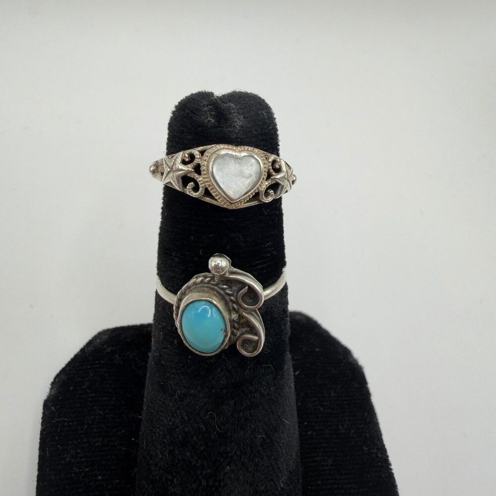 Lot of 2 Vintage 925 Sterling Silver Heart & Turquoise Style Rings Size 5